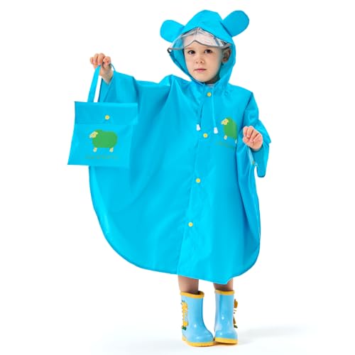 JTENG Regenponcho für Kinder - Wasserdichter Kapuzenponcho | Leicht & Kompakt für Fahrrad und Schule | Faltbarer mit Aufbewahrungstasche (Blau, L) von JTENG