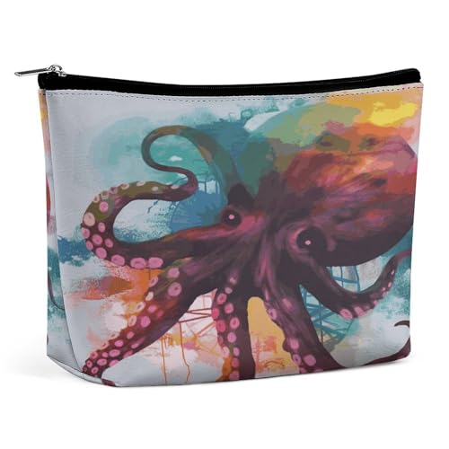 JTKBNVM Abstrakte bunte Oktopus-Make-up-Tasche für Damen, wasserdichte Kosmetiktasche, tragbare Reise-Kulturbeutel, Aufbewahrungstasche, große Make-up-Tasche, Hand-Make-up-Tasche für Arbeit, Stil, von JTKBNVM
