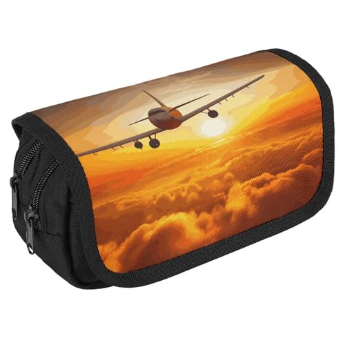 JTKBNVM Federmäppchen, Flugzeug bei Sonnenuntergang, Federmäppchen für Männer und Frauen, doppellagig, großes Fassungsvermögen, Stifteetui mit Fächern, Reißverschluss-Aufbewahrungstasche für Büro, von JTKBNVM
