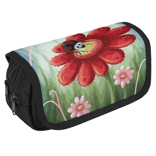 JTKBNVM Federmäppchen mit Marienkäfer-Blumen-Motiv, doppelschichtig, großes Fassungsvermögen, Federmäppchen mit Fächern, Aufbewahrungstasche mit Reißverschluss, für Büro, Stil:, 8.7 x 3.1 x 4.3 inch von JTKBNVM