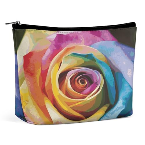 JTKBNVM Make-up-Tasche mit Regenbogen-Rosen-Blumenmotiv für Damen, wasserdichte Kosmetiktasche, tragbare Reise-Kulturbeutel, Aufbewahrungstasche, große Make-up-Tasche, Hand-Make-up-Tasche für Arbeit, von JTKBNVM