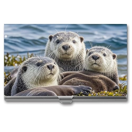 JTKLQBN Schlankes Visitenkartenetui aus Metall, Motiv: Sea Otter Family Printed Name Card Holder Professional Business Card Organizer Christmas Card Holder for Men Women Business Personnel, Sea Otter von JTKLQBN