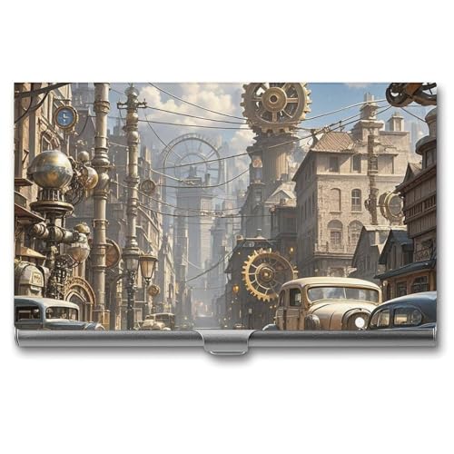 JTKLQBN Schlankes Visitenkartenetui aus Metall, Steampunk-Stadt-bedruckt, Namenskartenhalter, professioneller Visitenkarten-Organizer, Weihnachtskartenhalter für Männer und Frauen, Geschäftspersonal, von JTKLQBN