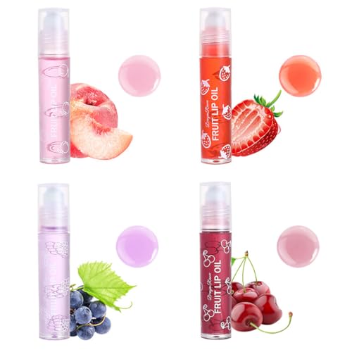 JTKREW 4 pcs Glitzer Lipgloss Aufrollen Farblos Roll on Lip Glow Oil Durchsichtig Fruity Moisturizing Lippenöl Lip Gloss für Langanhaltend Glossy Pflegende Lippen von JTKREW