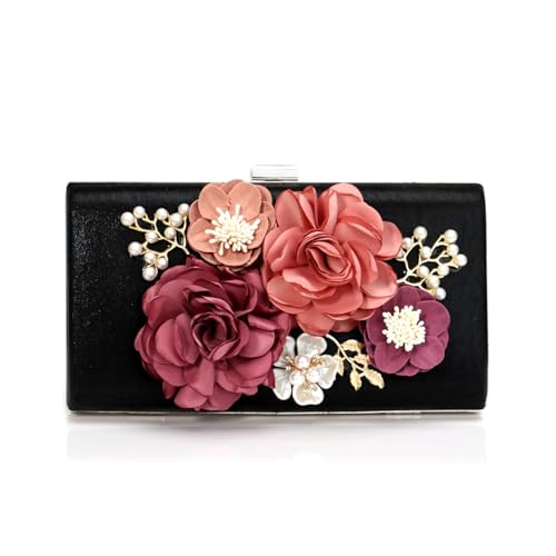 JTKSSCS Damen-Clutches Hochzeit Party Abend Taschen Frauen Blume Mode Kleine Tag Kupplungen Mit Kette Schulter Dame Shell Perlen Geldbörse Handtaschen(BLACK) von JTKSSCS