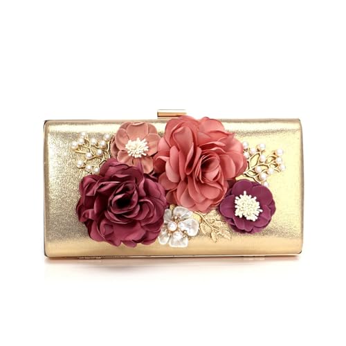 JTKSSCS Damen-Clutches Hochzeit Party Abend Taschen Frauen Blume Mode Kleine Tag Kupplungen Mit Kette Schulter Dame Shell Perlen Geldbörse Handtaschen(GOLD) von JTKSSCS
