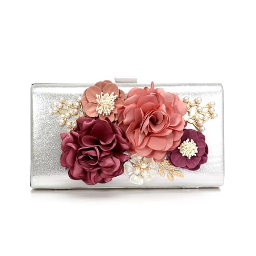 JTKSSCS Damen-Clutches Hochzeit Party Abend Taschen Frauen Blume Mode Kleine Tag Kupplungen Mit Kette Schulter Dame Shell Perlen Geldbörse Handtaschen(SILVER) von JTKSSCS
