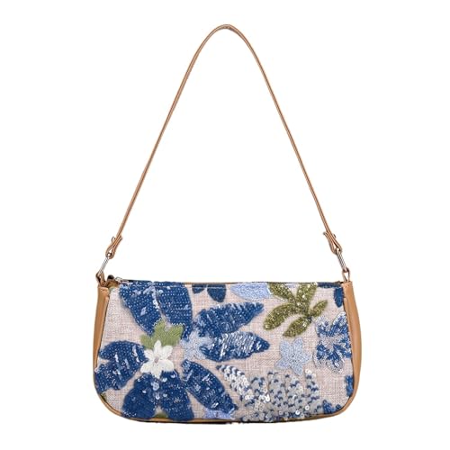 JTKSSCS Damen-Clutches Mode Pailletten Stickerei Unterarm Tasche Blume Muster Frauen Schulter Sommer Strand Handtaschen(Blue) von JTKSSCS