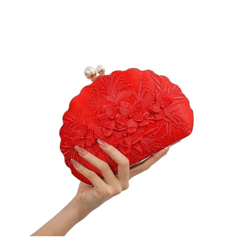JTKSSCS Damen-Clutches Shell Clip Abendtaschen Mode Weiß Bestickte Spitze Kupplung Urlaub Crossbody Kette Braut Hochzeit Party Handtasche Geldbörse(Red) von JTKSSCS