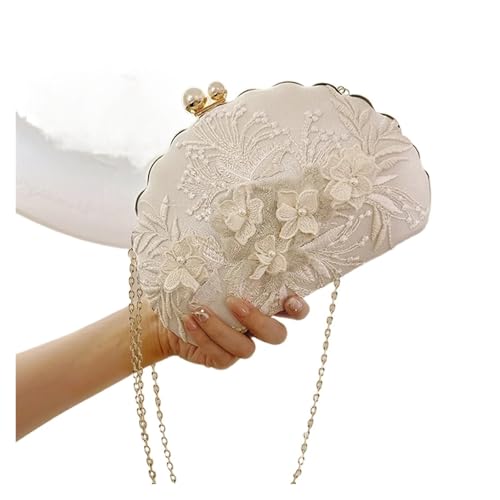 JTKSSCS Damen-Clutches Shell Clip Abendtaschen Mode Weiß Bestickte Spitze Kupplung Urlaub Crossbody Kette Braut Hochzeit Party Handtasche Geldbörse(WHITE) von JTKSSCS