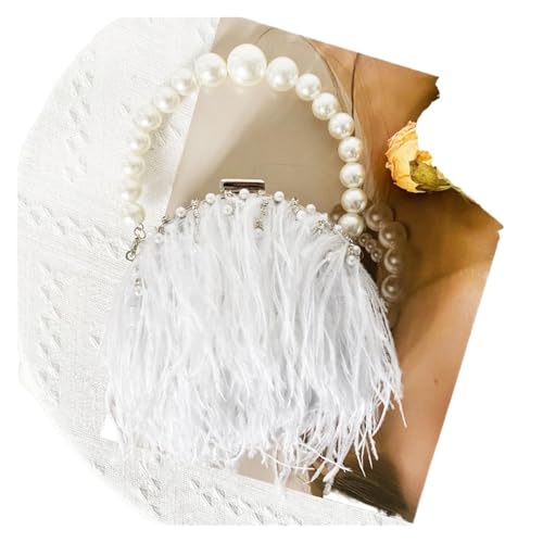 JTKSSCS Feder Handtasche Frauen Straußenfeder Handtaschen Perle Kette Mädchen Schulter Abend Clutch Tote Handtasche Tasche(White) von JTKSSCS