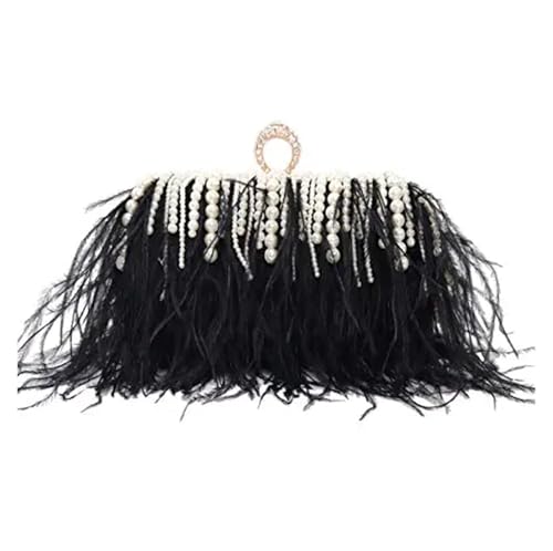 JTKSSCS Feder Handtasche Perlen Quaste Handtasche Clutch Geldbörse Diamant Perle Abend Hochzeit Party Clutch Metall Kette Schultertaschen(Black) von JTKSSCS