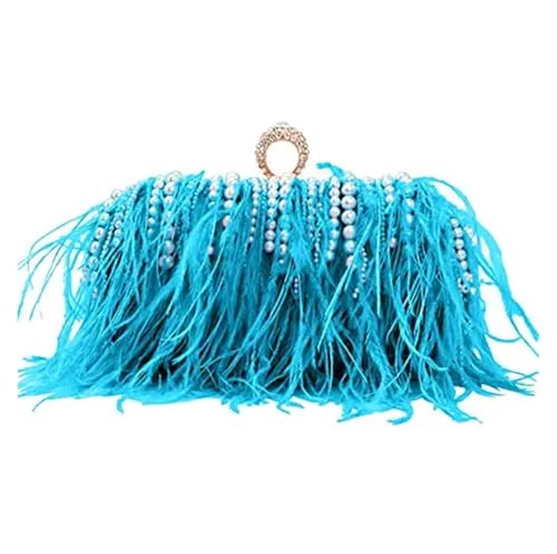 JTKSSCS Feder Handtasche Perlen Quaste Handtasche Clutch Geldbörse Diamant Perle Abend Hochzeit Party Clutch Metall Kette Schultertaschen(Blue) von JTKSSCS