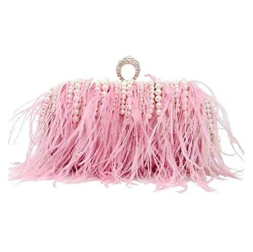 JTKSSCS Feder Handtasche Perlen Quaste Handtasche Clutch Geldbörse Diamant Perle Abend Hochzeit Party Clutch Metall Kette Schultertaschen(Pink) von JTKSSCS