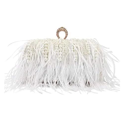 JTKSSCS Feder Handtasche Perlen Quaste Handtasche Clutch Geldbörse Diamant Perle Abend Hochzeit Party Clutch Metall Kette Schultertaschen(White) von JTKSSCS