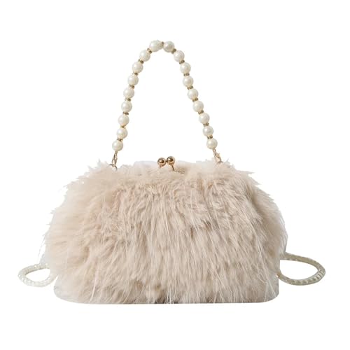 JTKSSCS Feder Handtasche Truthahnfeder Perlenkette Tragbare Umhängetasche Weibliche Straußenfeder Plüsch Kleid Damentasche(Apricot) von JTKSSCS