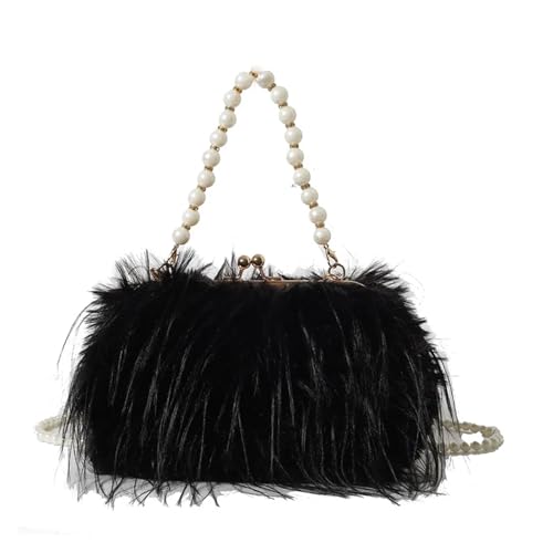 JTKSSCS Feder Handtasche Truthahnfeder Perlenkette Tragbare Umhängetasche Weibliche Straußenfeder Plüsch Kleid Damentasche(Black) von JTKSSCS