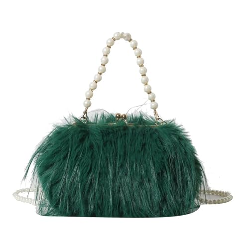 JTKSSCS Feder Handtasche Truthahnfeder Perlenkette Tragbare Umhängetasche Weibliche Straußenfeder Plüsch Kleid Damentasche(Green) von JTKSSCS
