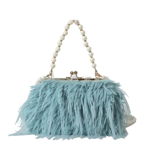 JTKSSCS Feder Handtasche Truthahnfeder Perlenkette Tragbare Umhängetasche Weibliche Straußenfeder Plüsch Kleid Damentasche(Light blue) von JTKSSCS