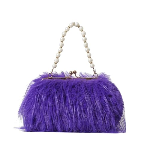 JTKSSCS Feder Handtasche Truthahnfeder Perlenkette Tragbare Umhängetasche Weibliche Straußenfeder Plüsch Kleid Damentasche(Purple) von JTKSSCS