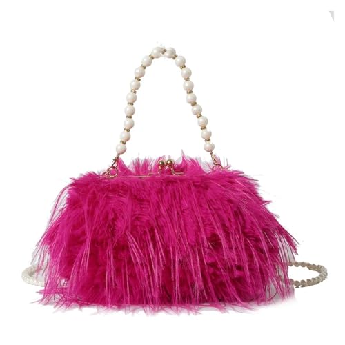 JTKSSCS Feder Handtasche Truthahnfeder Perlenkette Tragbare Umhängetasche Weibliche Straußenfeder Plüsch Kleid Damentasche(Rose Red) von JTKSSCS