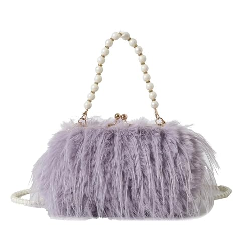 JTKSSCS Feder Handtasche Truthahnfeder Perlenkette Tragbare Umhängetasche Weibliche Straußenfeder Plüsch Kleid Damentasche(Violet) von JTKSSCS