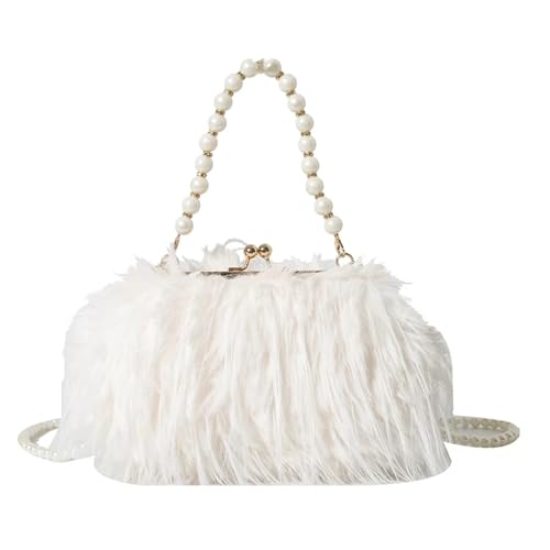 JTKSSCS Feder Handtasche Truthahnfeder Perlenkette Tragbare Umhängetasche Weibliche Straußenfeder Plüsch Kleid Damentasche(White) von JTKSSCS