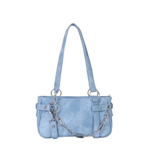 JTKSSCS Henkeltasche Damen Canvas Tasche Kleine Design Handtasche Kette Motorrad Unterarmtasche Damentasche(Blue) von JTKSSCS