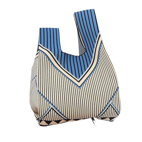 JTKSSCS Knotentasche Für Damen Gestreifte Gestrickte Handgelenktasche For Mädchen, Aufbewahrungstasche, Gitter, Make-up-Lippenstift-Tasche, Damen-Blumen-Handtasche, Mini-Knoten-Tasche(Blue) von JTKSSCS