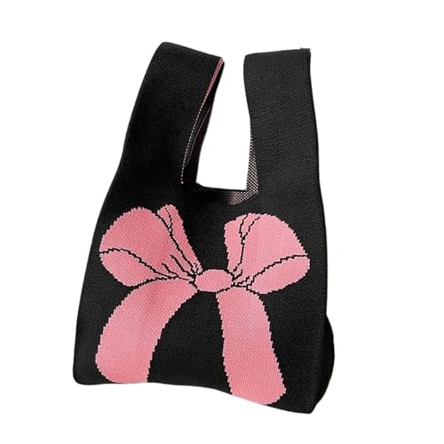 JTKSSCS Knotentasche Für Damen Handgefertigte Strickhandtasche, wiederverwendbar, lässig, Fliege, Knoten, Handgelenktasche, modische Einkaufshandtasche, 20 x 36 cm(Black-pink) von JTKSSCS