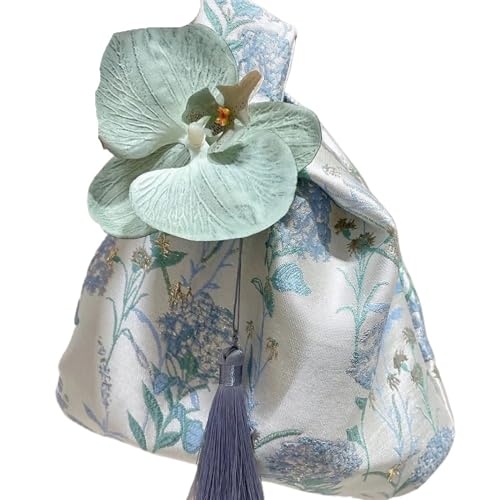 JTKSSCS Knotentasche Für Damen Knoten-Handgelenktasche, Blumen-Anhänger, Lunch-Tasche, Kosmetiktasche, Handtasche, Quaste, Kleinartikel-Beutel, Cheongsam-Zubehör(Blue,Tassel-Flower) von JTKSSCS