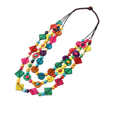 JTKSSCS Lange Kette Damen Lange mehrschichtige Halskette mit buntem Anhänger aus Holzperlen und Kokosnussschalen for Frauen, ethnischer Webschmuck(Colorful) von JTKSSCS