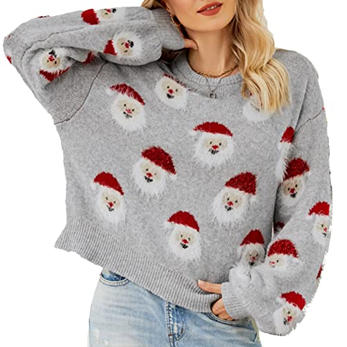 JTLB Weihnachts-Weihnachtsmann-Strickpullover Damen und Mädchen, Rundhals-Langarm-Pullover Herbst und Winter(M-Grau) von JTLB