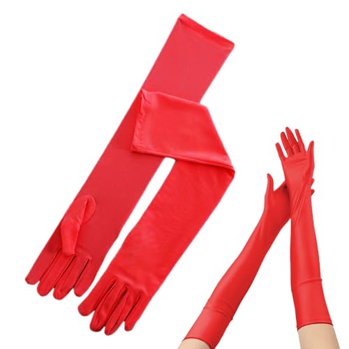 JTMKYO 1 Paar Rote Handschuhe, Damen-Satinhandschuhe, Rote Lange Ellenbogenhandschuhe, Rote Opernhandschuhe, Damen-Abendhandschuhe, Satin-Hochzeitshandschuhe von JTMKYO