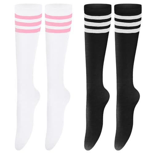 JTMKYO 2 Paar Kniestrümpfe, Gestreifte Socken, Schwarz-Weiße Strümpfe, Gestreifte Stiefelsocken Für Mädchen, 3 Gestreifte Strümpfe, Strümpfe, Hohe Socken von JTMKYO