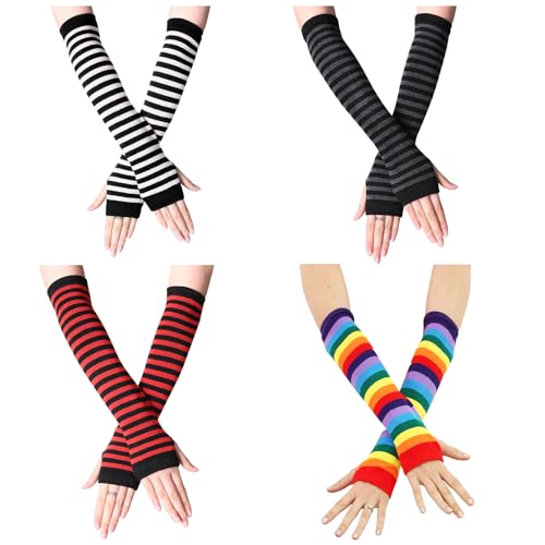 JTMKYO 4 Stück lange gestreifte Handschuhe für Damen, Fingerärmel, gestrickte Thermohandschuhe, fingerlose Handschuhe, modische Handschuhe, geeignet für warmes Tragen im Herbst und Winter von JTMKYO