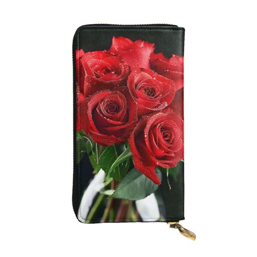 JTNWEC Damen Geldbörse aus Leder – rote Rose Prints Münzgeldbörse Reisekartenhalter Reißverschluss Geldbörse Handy Handtasche, schwarz, Einheitsgröße, modern, schwarz, Einheitsgröße, modern, Schwarz von JTNWEC