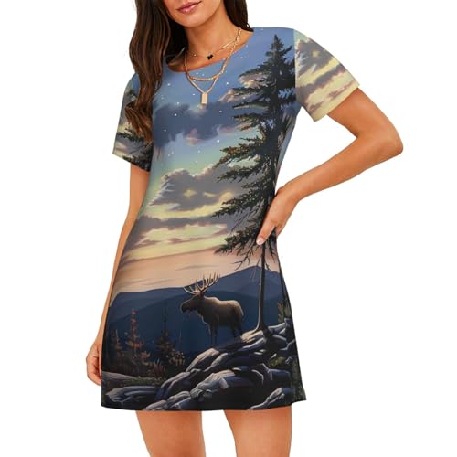 JTNWEC Elch Mountain Pine Tree Wilderness Print Sleepshirt Kleid für Damen Kurzarm Nachthemd, Schwarz, XXL von JTNWEC