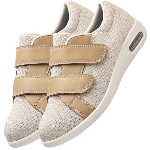 JTNZDAW Diabetiker Hausschuhe Herren Extra Weit Klettverschluss Schuhe Geschwollene Füße Gesundheitsschuhe Damen Verbandsschuhe(Beige,48 EU) von JTNZDAW