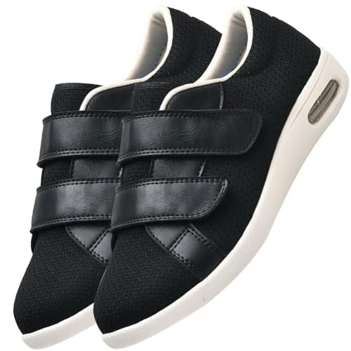 JTNZDAW Diabetiker Hausschuhe Herren Extra Weit Klettverschluss Schuhe Geschwollene Füße Gesundheitsschuhe Damen Verbandsschuhe(Black,40.5 EU) von JTNZDAW