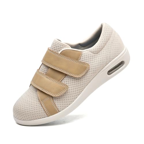 JTNZDAW Diabetiker Hausschuhe Herren Extra Weit Klettverschluss Verbandschuhe Schuhe für Hallux Valgus Damen Senioren Gesundheitsschuhe(Beige,46 EU) von JTNZDAW