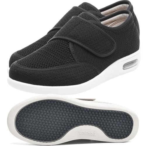JTNZDAW Gesundheitshausschuhe Damen mit Klettverschluss Diabetiker Hausschuhe Senioren Schuhe Gesundheitsschuhe Extra Breite Füße Orthopädische(Black,37.5 EU) von JTNZDAW