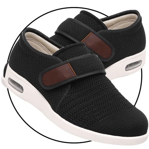 JTNZDAW Hausschuhe Senioren Herren Klettverschluss mit Gesundheitsschuhe Weit Walking Schuhe Damen Freizeit Turnschuhe für ältere Frauen Leichte Sneaker(Black,46 EU) von JTNZDAW