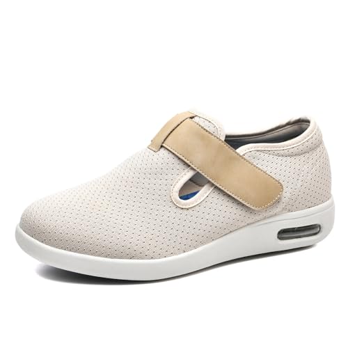JTNZDAW Hausschuhe mit Klettverschluss Damen Diabetiker Schuhe Herren Extra Weit Weiter Schuh Verstellbar Hallux Sandalen für Breite Füße Orthopädische(Beige,43.5 EU) von JTNZDAW