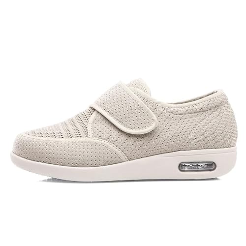 JTNZDAW Medizinische Schuhe Damen Verbandschuh Extra Weit Ohne SchnüRsenkel Diabetiker Gesundheitsschuhe mit Klettverschluss Breit Hausschuhe Senioren(Beige,42 EU) von JTNZDAW