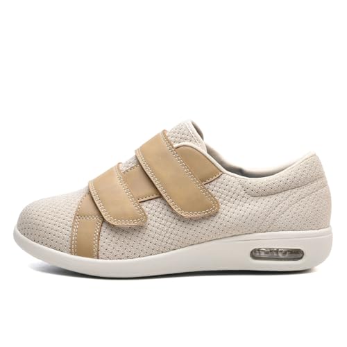 JTNZDAW Senioren Schuhe mit Klettverschluss Herren Diabetiker Hausschuhe Extra Weit Gesundheitsschuhe Damen Verbandsschuhe Ohne SchnüRsenkel(Beige,49 EU) von JTNZDAW