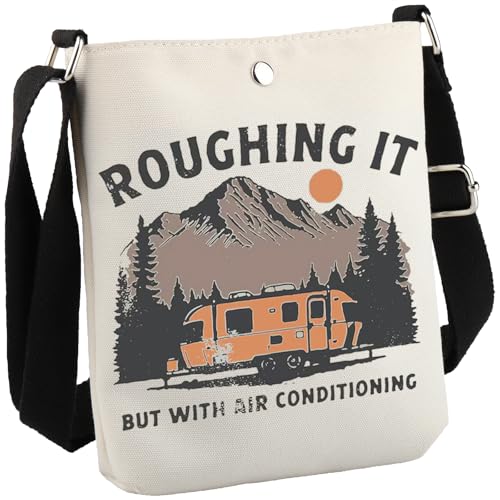 Van Camping Liebhaber Geschenk Happy RV Camper Geschenk Roughing It But With Klimaanlage Camping Crossbody Bag, Roughing It Cb EU, 8.27 Inches ×6.5 Inches × 0.79 Inches von JTOUK