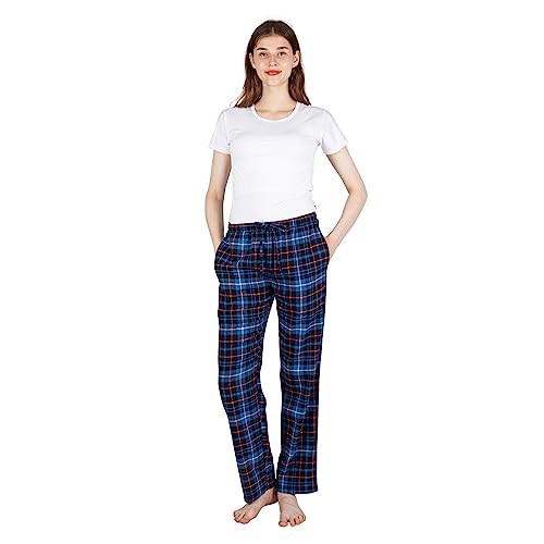 JTPW Damen 100% Baumwolle Super Soft Flanell Pyjama/Lounge Bottoms mit Taschen,Black Blue Plaid,Size:S von JTPW