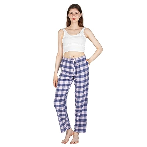 JTPW Damen 100% Baumwolle Super Soft Flanell Pyjama/Lounge Bottoms mit Taschen,Blue Pink Plaid,Size:S von JTPW