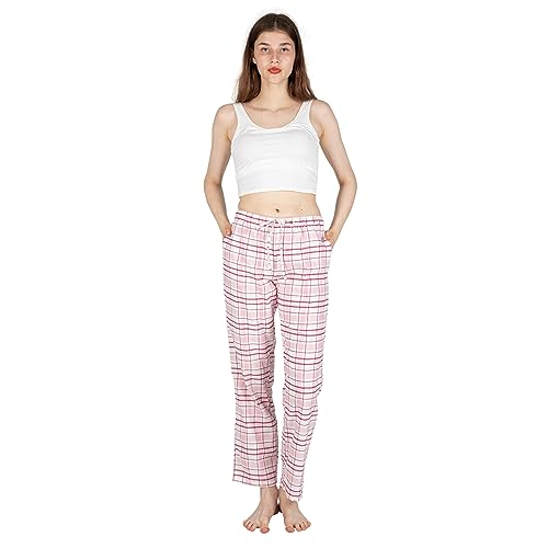 JTPW Damen 100% Baumwolle Super Soft Flanell Pyjama/Lounge Bottoms mit Taschen,Burgundy Pink Plaid,Size:XL von JTPW